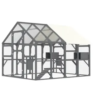 Large Catio Outdoor Cat Enclosure for Multiple Kittens, Wooden Cat House with 7 Platforms, 2 Resting Boxes, 1 Bridge and 1 Ramp, Walk in Kitty Cage Kennel with Sunshine Board Roof, Grey