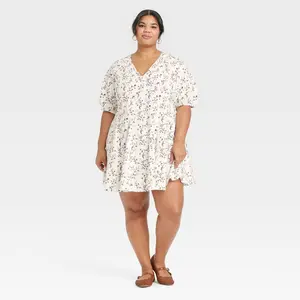 Women's Bell Elbow Sleeve Mini A-Line Dress - Universal Thread White Floral XXL