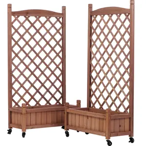 Raised Garden Bed with Trellis 2 Pack, Outdoor Wooden Planter Box & Plant Stand with Climbing Racks