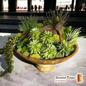 Succulent Design in Circular Pedestal Wood Vase | Faux Flowers Floral Arrangement | Wedding Centerpiece | Tabletop and Bedroom Flowers