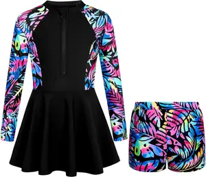 Girls Long Sleeve Swimsuit Two Piece Rash Guard Dress with Swim Shorts Front Zip for Kids Tween Teens UPF 50+