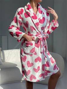 women's cute floral strawberry print wrapped belted flannel lounge robe, casual pastel cute long sleeve pocket shawl collar thermal robe, fluffy pajamas, bridal robes, womens clothes