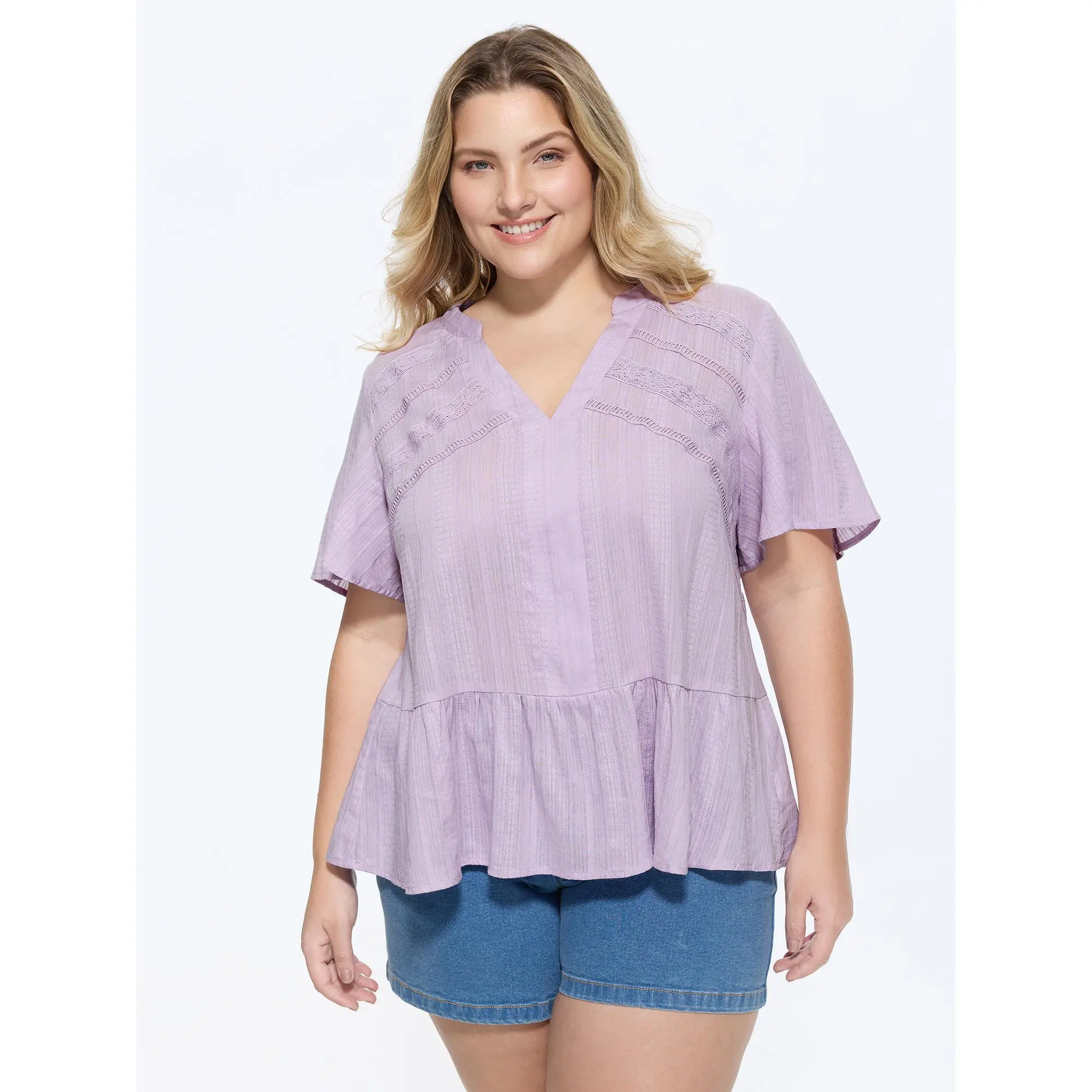 BloomChic Women's Smooth Cotton Blouse, Solid Lilac Lady's Leisure V-Neck with Ruffle Sleeves, Lace Trim and Frilled Hem,back to school,back to school shopping, Garment