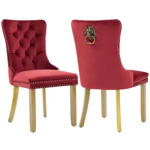 Velvet Dining Chairs Set of 2, Modern Tufted Dining Room Chair, Upholstered Dining Chairs with Lion Head Pulls Ring and Golden Solid Wood Legs, Luxury Kitchen Chairs for Dining Room