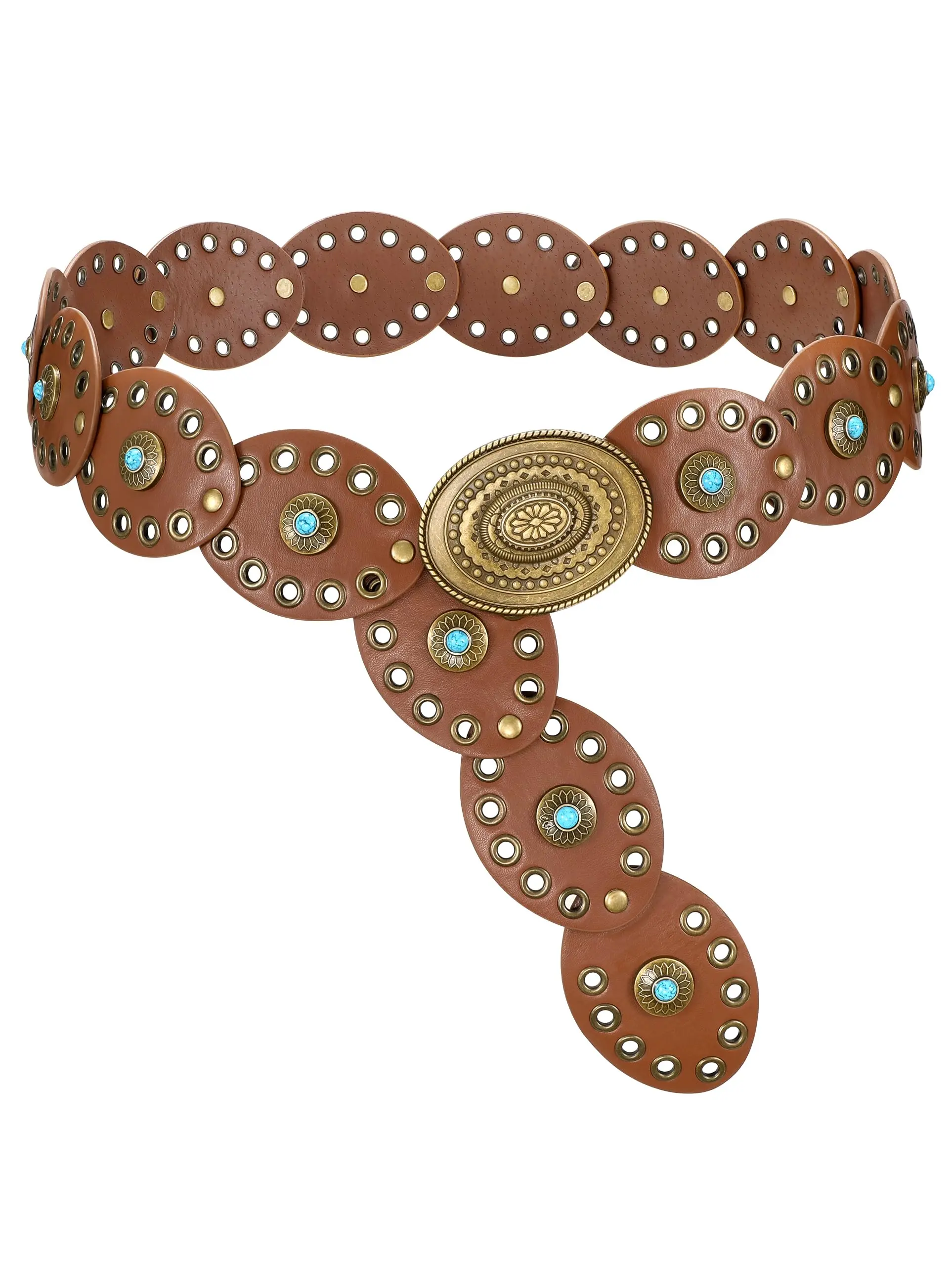 SUOSDEY Women Disc Concho Leather Belt Western Cowgirl Hollow Belt Vintage Boho Oval Waist Belt for Music Festival Dress Jeans