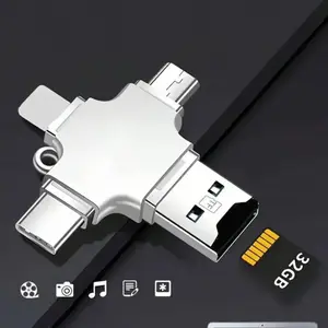 4-in-1 USB 2.0 TF card reader with Type-C OTG adapter. Compatible with SD, Micro SD and other memory cards, works with phones, tablets and computers for easy file transfer.