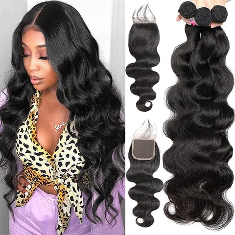 ONEMORE Long Body Wave Remy Human Hair Bundles with 4x4 in Closure, Dye-Friendly Bundles of Human Hair (3/4 Pieces Set)