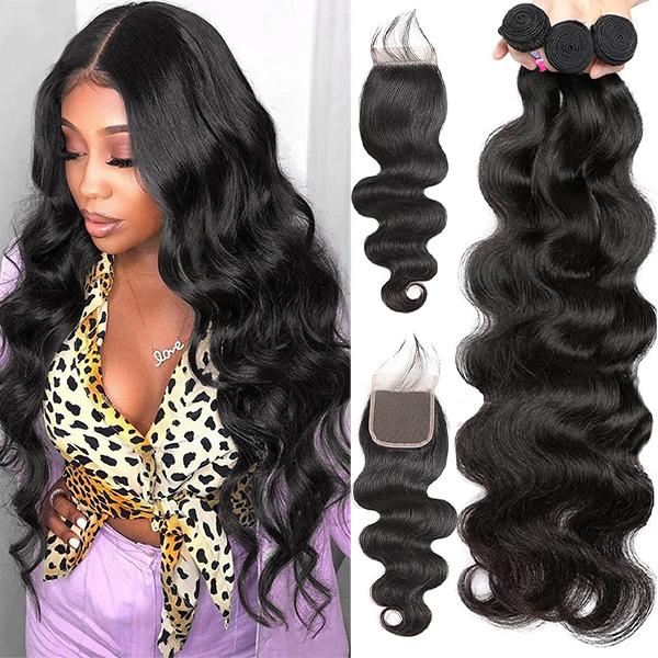 ONEMORE Long Body Wave Remy Human Hair Bundles with 4x4 in Closure, Dye-Friendly Bundles of Human Hair (3/4 Pieces Set)