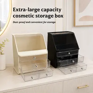 Extra-Large Capacity 3-Tier Skincare and Cosmetics Organizer with Drawers and Lid — Dustproof Storage Box for Vanity and Bathroom Countertops. makeup