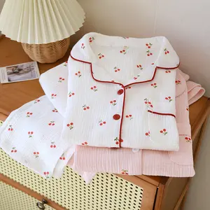 2026ins Spring and Autumn Women's Cherry Cotton Pajamas, Long Sleeve and Pants, Cute Turn-down Collar Homewear Set, Can Be Worn Outside in Winter
