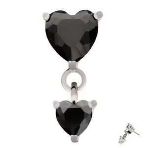 Double Heart Black CZ Dangle Titanium Threadless Top