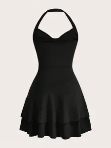 Women Elegant Halter Mini Dress Ruched Detail Layered Hem Going Out Fashion Dress