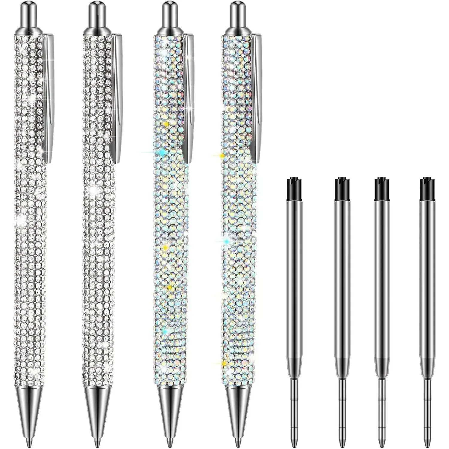 4 Pcs Bling Rhinestone Sparkly Pens for Women Diamond Crystal Glitter Pen Metal Ballpoint Fancy Ink Pens 4 Pcs 1.0mm Refills Bling Desk Accessories for Office(Silver, AB Silver)