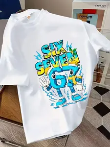 Summer Boys' Versatile Short Sleeve, Creative 67 Number Pattern Design, Casual Summer T-Shirt, Outdoor Wear, Loose-Fitting