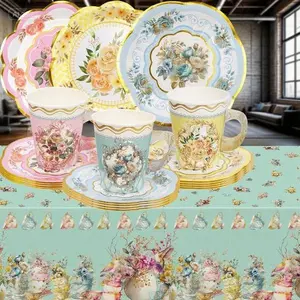 Floral Dinnerware Set for 12 - Elegant Tea Party Decor with Cups, Saucers, Plates, Napkins - Reusable Table Setting for Birthday, Bridal Shower, Baby Shower - Vintage-Inspired Tablecloth & Matching Accessories Cutlery Tableware napkin ring dog ball