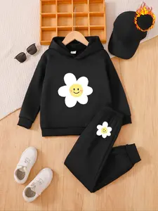 Autumn Winter Kids Fleece Lined Cute Set Hoodie & Jogger Pants, Floral Print, Soft Warm Fabric, Casual Style, Perfect for Daily Wear, Clothes Kids