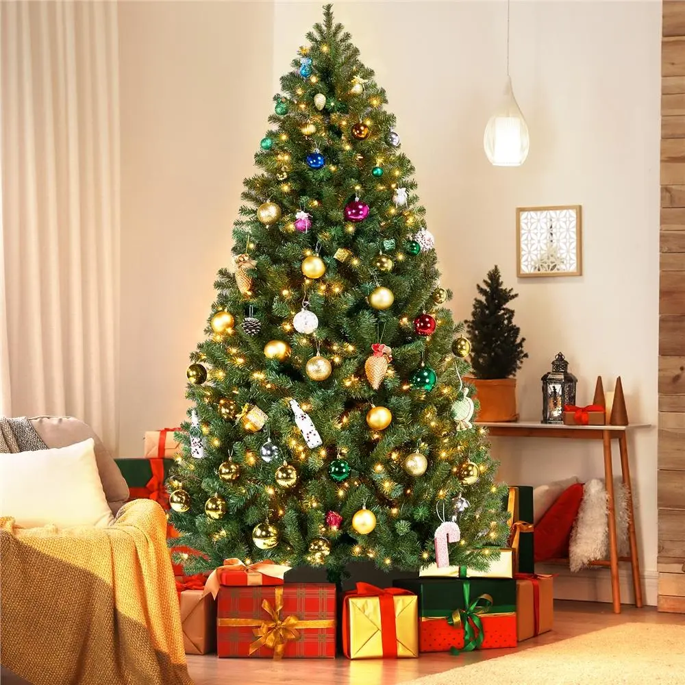 【All Size】Yaheetech 4/4.5/6/7.5/9/12ft Prelit Artificial Hinged Christmas Pine Tree Prelighted Xmas Tree for Home Party Holiday Decoration with 550 Clear Warm White Lights and 1354 Branch Tips