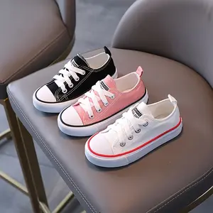 Kids' Low-Top Canvas Sneakers - Breathable Inner Perforation, Durable Rubber Sole, Lightweight & Comfortable, Black/White/ Pink, Lace-Up Design for Boys & Girls, Casual Spring Shoes |   Laceup Sneakers |   Canvas Upper Sneaker