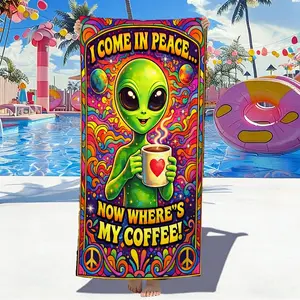Funny Alien Coffee Sleepover Towel, Psychedelic Trippy Alien "I Come in Peace Where's My Coffee" Print, Soft Microfiber Oversized Towel for Kids Teens Sleepovers, Slumber Parties & Movie Nights