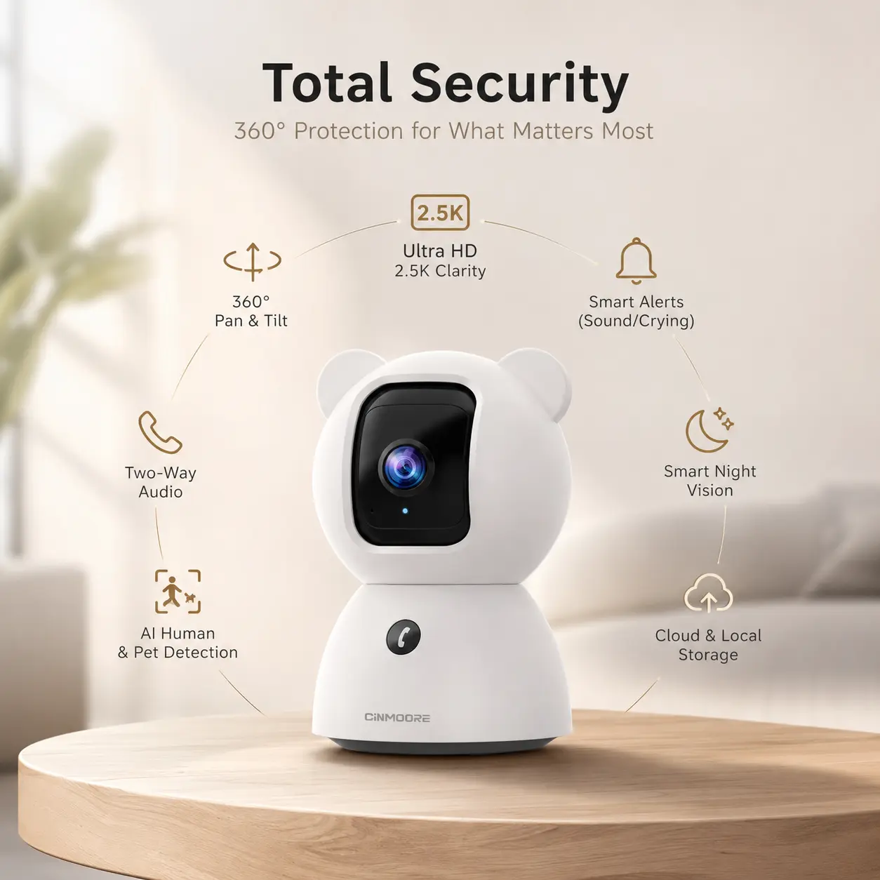 CINMOORE 2.5K AI Baby Monitor & Pet Camera, Cry Detection, Human & Pet Detection, Motion Tracking, Night Vision, 2-Way Audio, No Monthly Feecameras for home Safety Instant Alerts