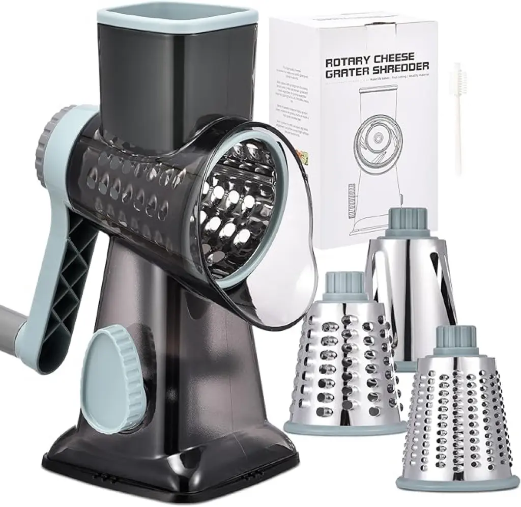 Stainless Steel Rotary Cheese Grater with Hand Crank - Detachable Kitchen Utensil for Meal Prep, 3 Interchangeable Rotary Blades, 3-in-1 Kitchen Versatility for Shredding Cheese, Vegetables, Nuts (Grey-Blue)