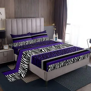 Leopard Print Bed Sheet Set,Zebra Stripes Bedding Set,Purple Black White Zebra Leopard Fur Fitted Sheet,Safari Animal Hair Bedding Sheets