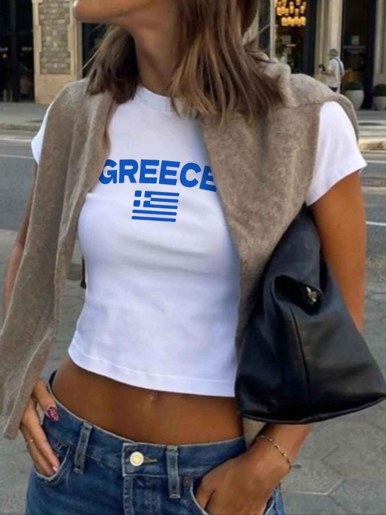 Women's Greece Flag Print Round Neck Crop Tee, Y2K Aesthetic Casual Streetwear Slim-fitting Short Sleeve T-shirt, Ladies Summer Clothes for Daily Wear, Casual Chic Top, Womenswear