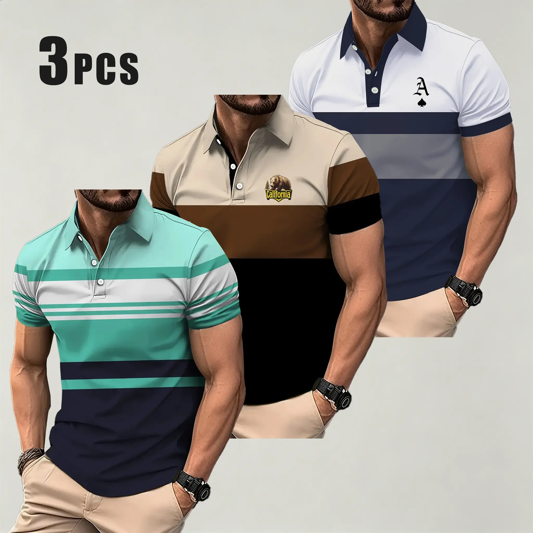 3-piece men's polo shirt striped contrasting printed short sleeved business casual commuting top