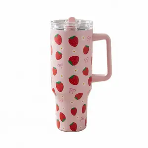 Pink Bows & Strawberry Tumbler Soft Pink Travel Cup with Comfortable Handle Clear Lid for Safe Drinks Stylish Drinkware