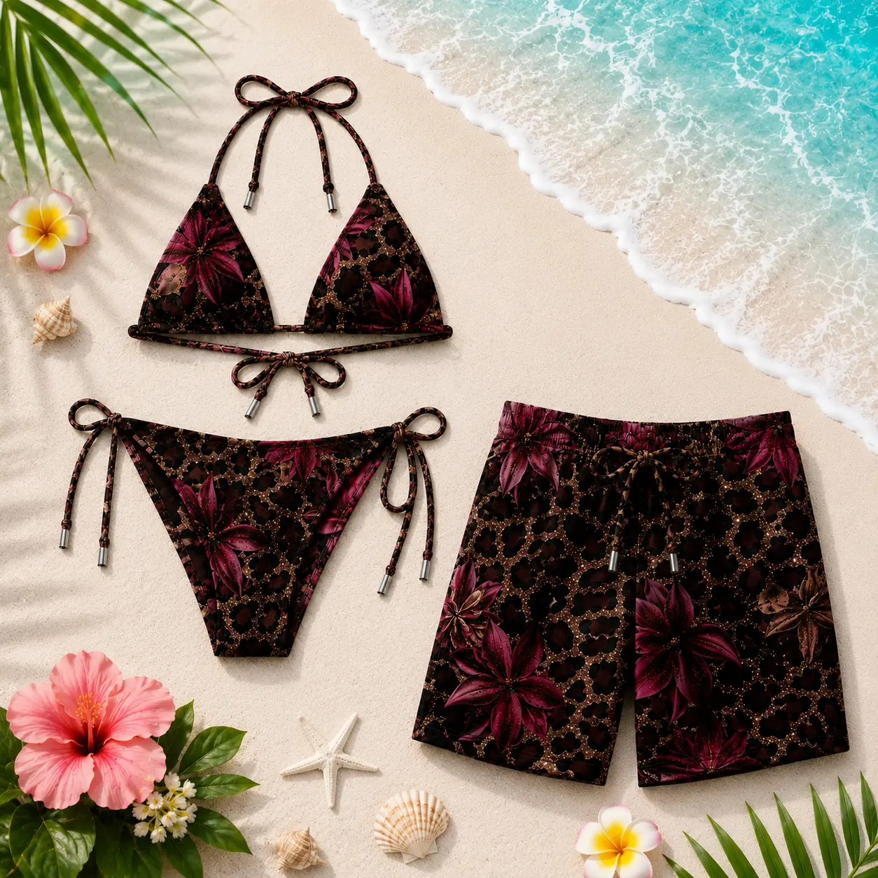 Couple Matching Swimwear Set - Women's Leopard-Floral-Cherry Bikini, Men's Swim Shorts, Trendy Summer Beach Vacation, Pool Party Gift