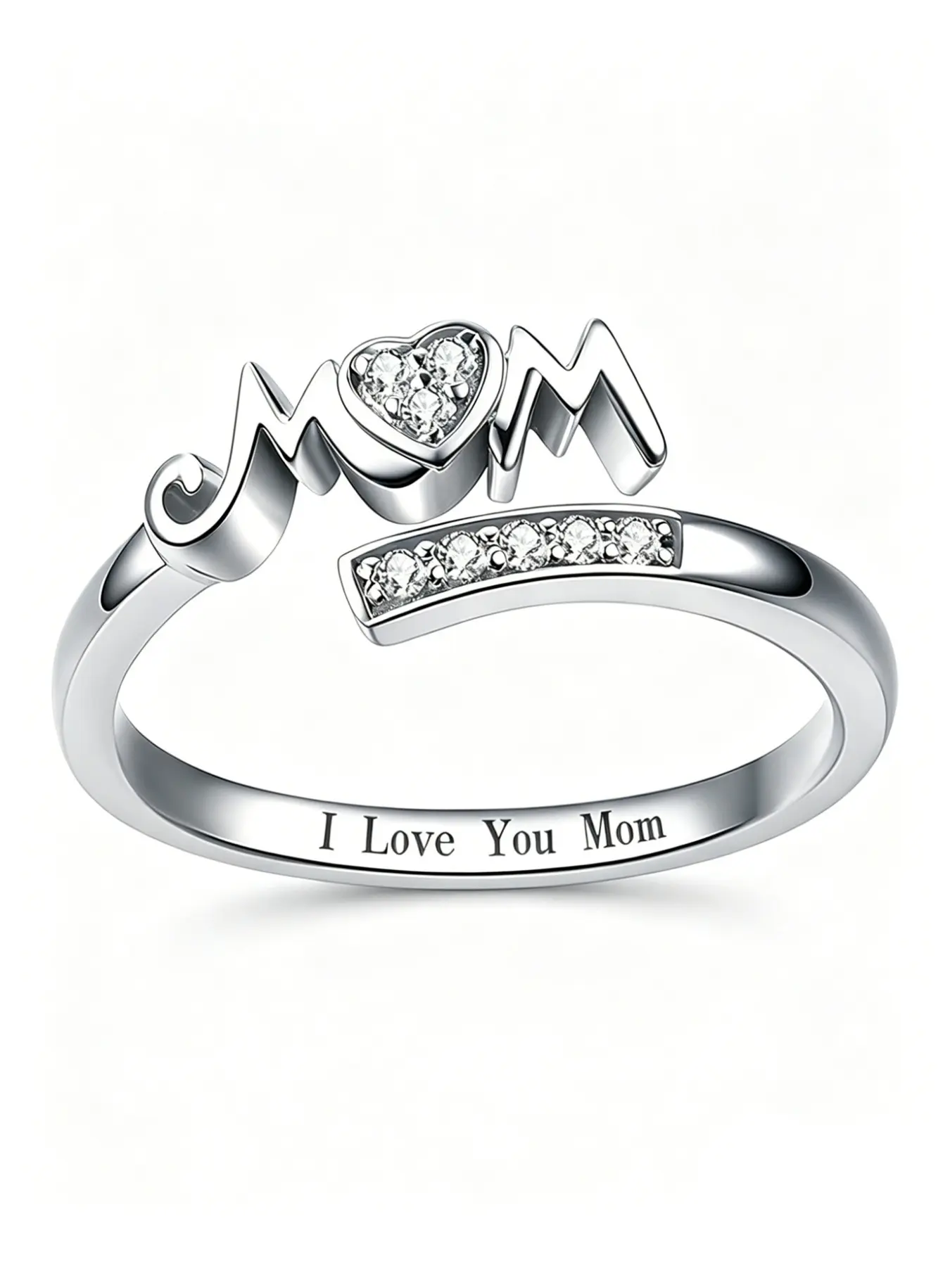 Mother's Day Memorial Ring, Adjustable Heart Zircon Ring, Engraved 'love Your Mom', Casual Stainless Steel Jewelry Gift, Heart Shaped Ring, Beautiful Rings