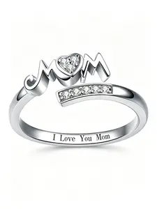Mother's Day Memorial Ring, Adjustable Heart Zircon Ring, Engraved 'love Your Mom', Casual Stainless Steel Jewelry Gift, Heart Shaped Ring