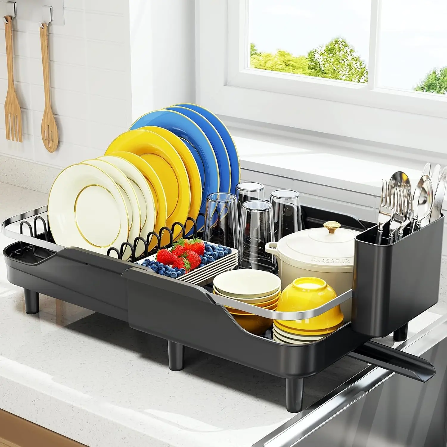 Expandable Dish Rack for Kitchen Counter,16.14"-23.62" Large Stainless Steel Dish Drying Rack with Adjustable Water Spout, Space Saving Dish Drainer with Auto Draining Cutlery Holder,Black