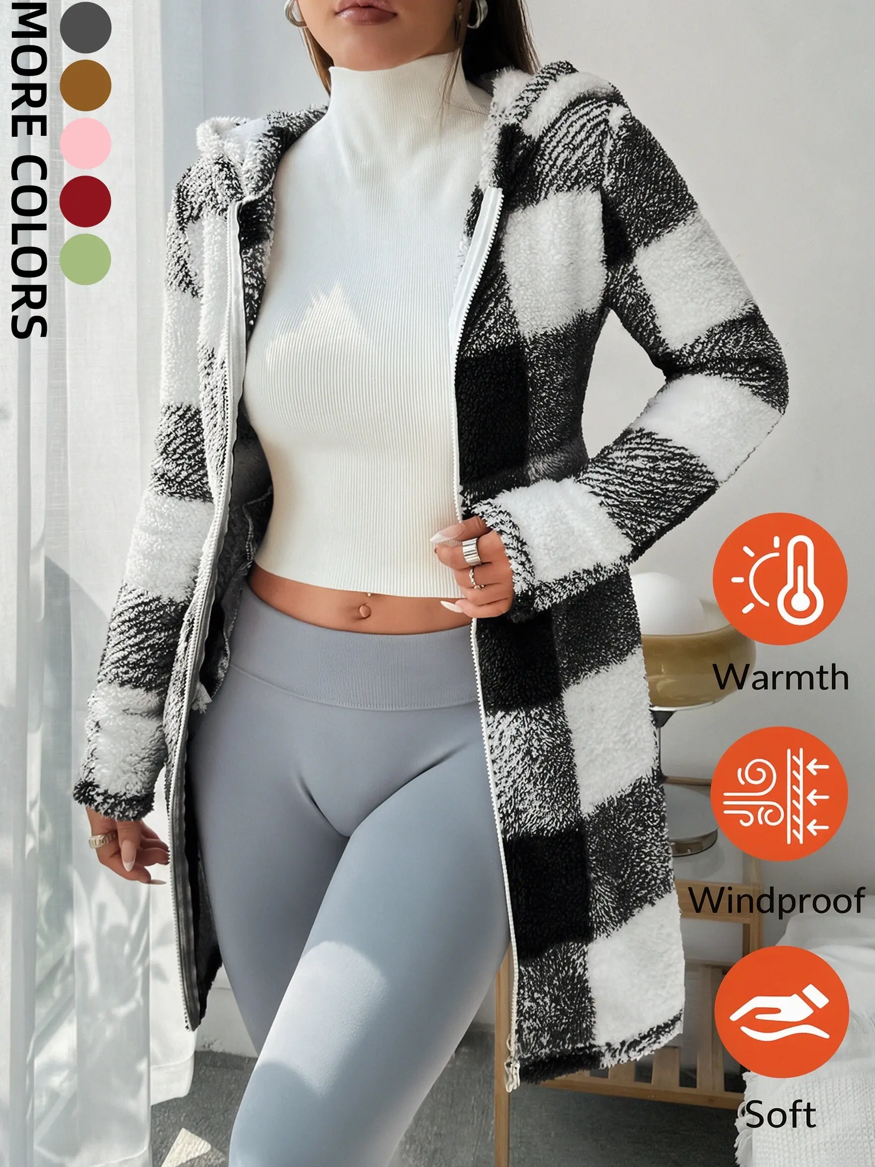 Women’s plaid hooded long plush jacket, casual warm top, available in multiple colors, longline design with hood, full-length zipper closure, covers the waist and hips, excellent cold protection, suitable for everyday home wear and outings.
