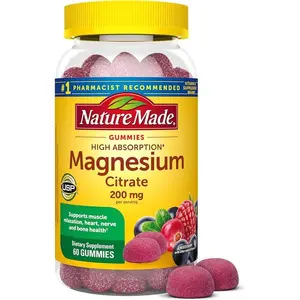 Nature Made High Absorption Magnesium Citrate 200 mg per serving, Magnesium Supplement for Muscle, Nerve, Bone and Heart Support, 60 Magnesium Gummies, 30 Day Supply