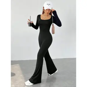 Women’s solid-color flare-leg jumpsuit, casual comfortable fitted long-sleeve jumpsuit for daily wear, ladies’ clothing for all seasons