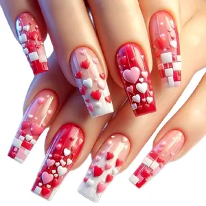 Valentine's Press on Long Length Acrylic Nails 3D Pink Red Love Heart Design Full Cover Glue on Nails Glossy False Nails