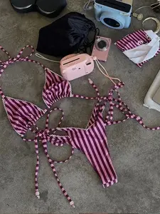 2026 New Low Waist Striped Colorblock Micro Bikini Set, Casual Tie Front Push-Up Women's Two-Piece Swimsuit, Holiday Hot Spring Beachwear, Striped Bikini Sets