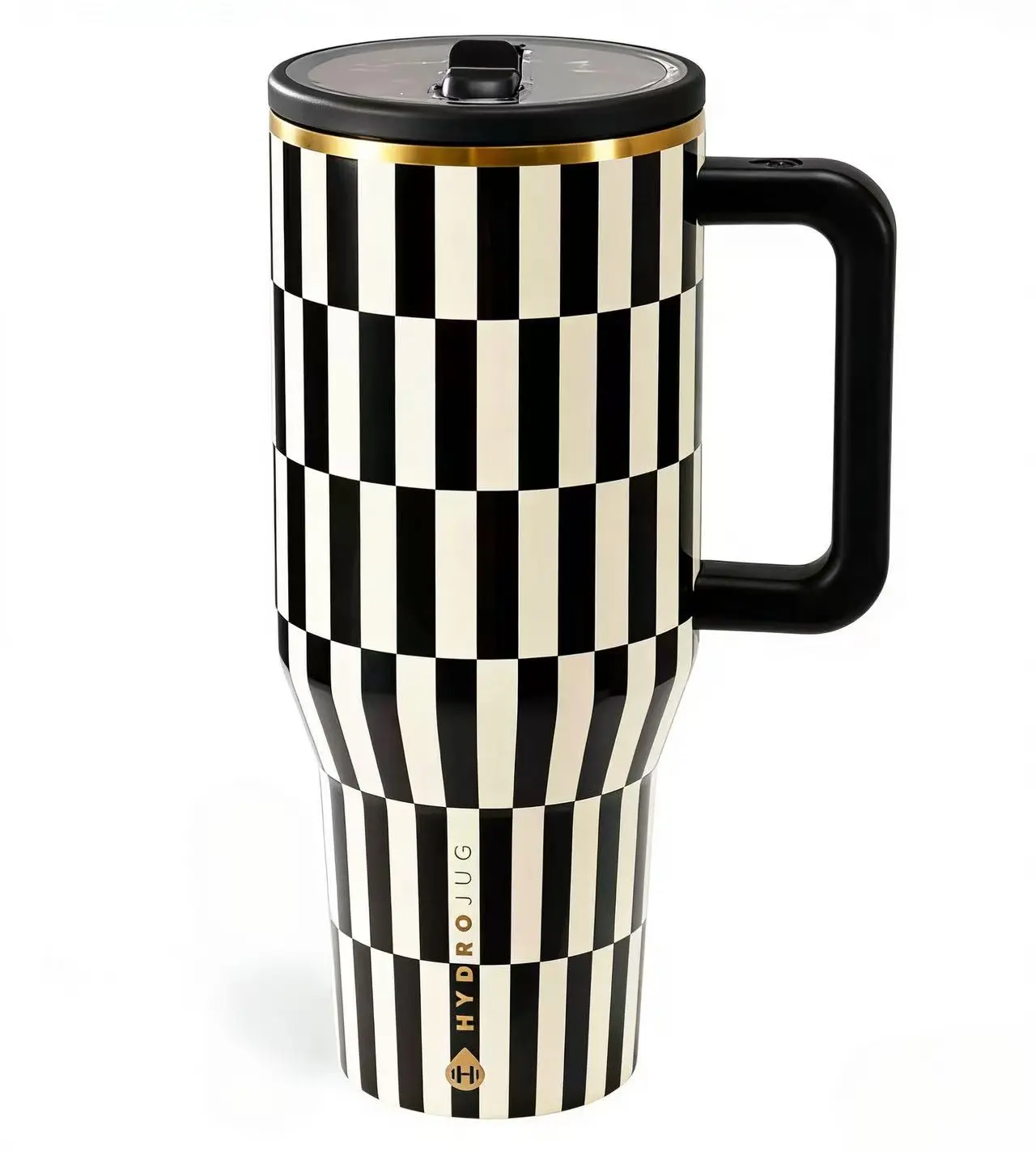 HydroJug40oz Traveler Stainless Steel Tumbler (Black Tie Edition) Aesthetic Black & White Checkerboard Grid Travel Mug  24H Cold Retention Leakproof Insulated Cup with Handle and Straw for Travel & Fitness