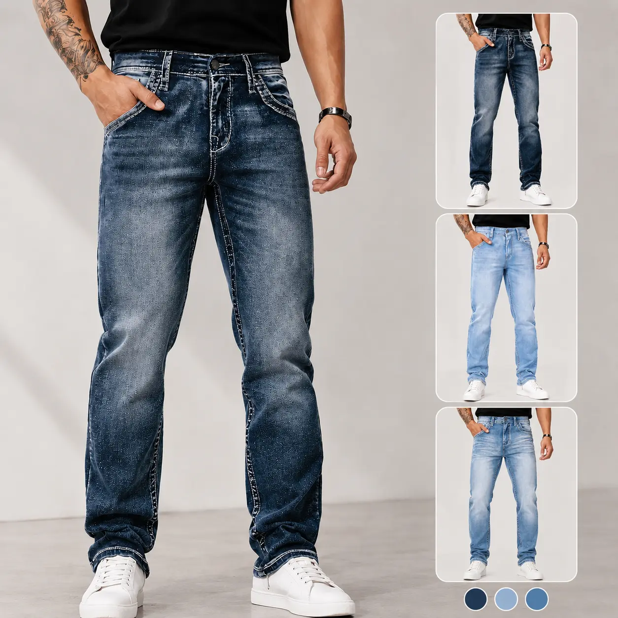 Men's Regular Fit Embroidered Stretch Denim Jeans - Raw Wash Fabric, Pockets, Embroidery Adds Subtle Street Detail, Classic Streetwear Casual Bottoms (Blue, Gray), Jeans That Deliver Classic Streetwear, Button