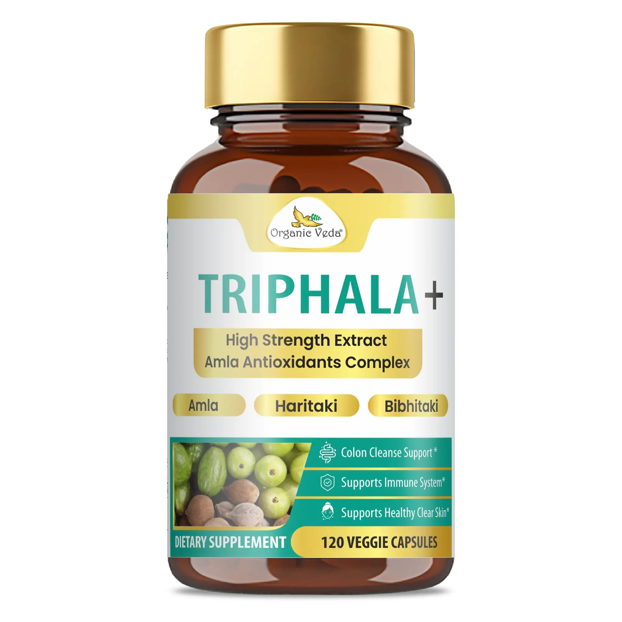 Organic Veda Triphala Capsules - 20 X Concentrated Amla Juice Extract, Haritaki, Bibhitaki - Colon Cleanse, Digestive & Immune Health - Organic Triphala Supplement with Vitamin C, gluten free 120 Caps