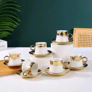 Ceramic Espresso Cup Dish Set - 3oz Turkish Coffee Mug & Tumblers Drinkware with Gold Accents for Italian Coffee Lovers