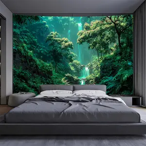 1pc Extra Large Tropical Rainforest Tapestry - Realistic Jungle Wall Hanging Decor with Lush Greenery, Waterfall & Plants - Self-Adhesive Backing for Living Room, Bedroom, Dorm, Party Decoration - No Electricity Needed - Perfect Birthday or Housewarming G