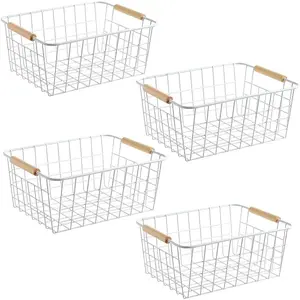 White Wire Baskets with Handles Wire Storage Organizer Baskets For Kitchen, Household Refrigerator for Cabinets, Pantry, Closets, Bedrooms - Set of 4(White)