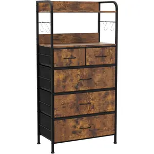 Slim Tall Dresser with Metal Frame, Wood Top, Open Shelf & Hooks Chest Organizer