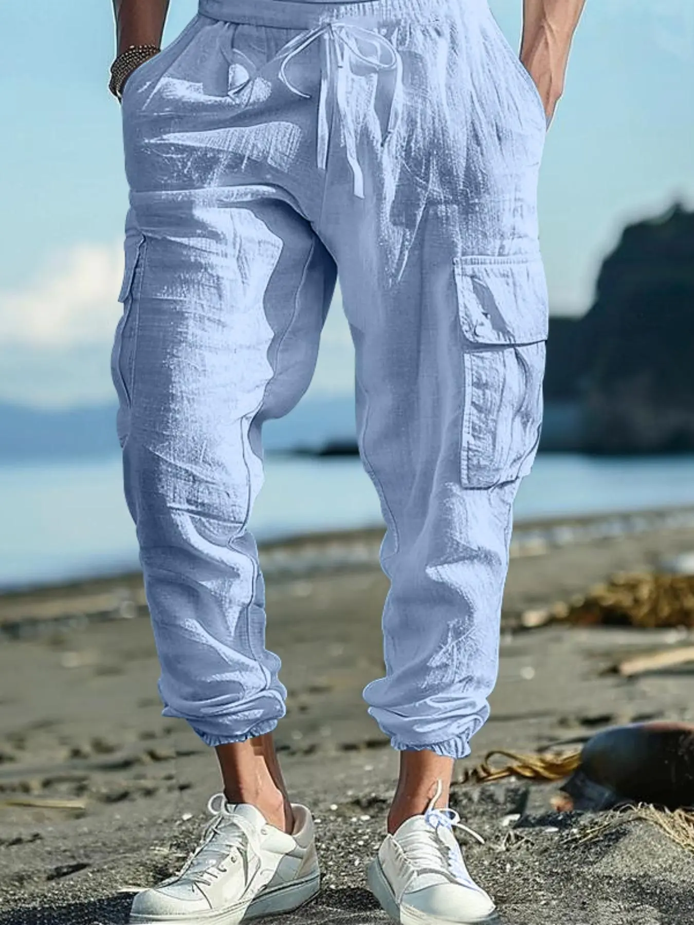Men's Solid Color Linen Pants, Casual Loose Fit, Baggy Pants, Loose Casual Comfy Waterproof Quick-drying Tactical Pants for Outdoor Hiking, Men's Trousers for All Weather Conditions, Menswear