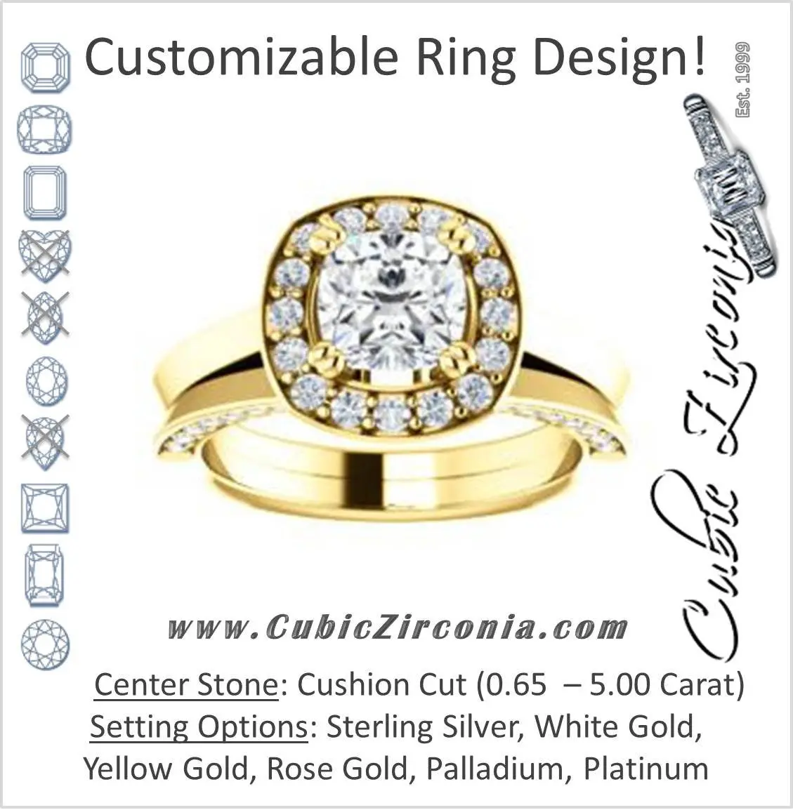 Cubic Zirconia Engagement Ring- The Jocelyn (Customizable Halo-Enhanced Cushion Cut featuring 3-side Accented Split-Band)