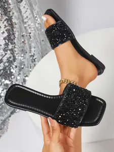 Fashionable Women's Rhinestone Slippers, Casual Wear, Indoor & Outdoor Use, Square Toe Open Toe Flat Sandals, Summer Beach