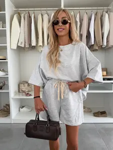 Women's Summer Sportswear Set, Sporty Round Neck Short Sleeve Top & Loose Fit Three-Quarter Pants, Comfortable Casual