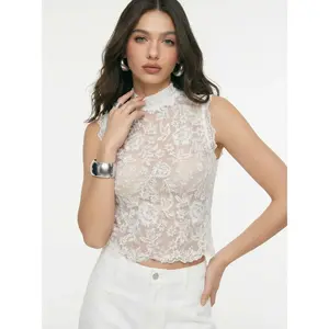 Lace Mandarin Collar Floral See-through Tank Top